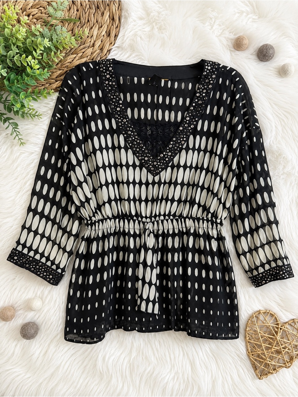 St. John Black & White Silk Charmeuse Studded Paillettes Kimono Blouse